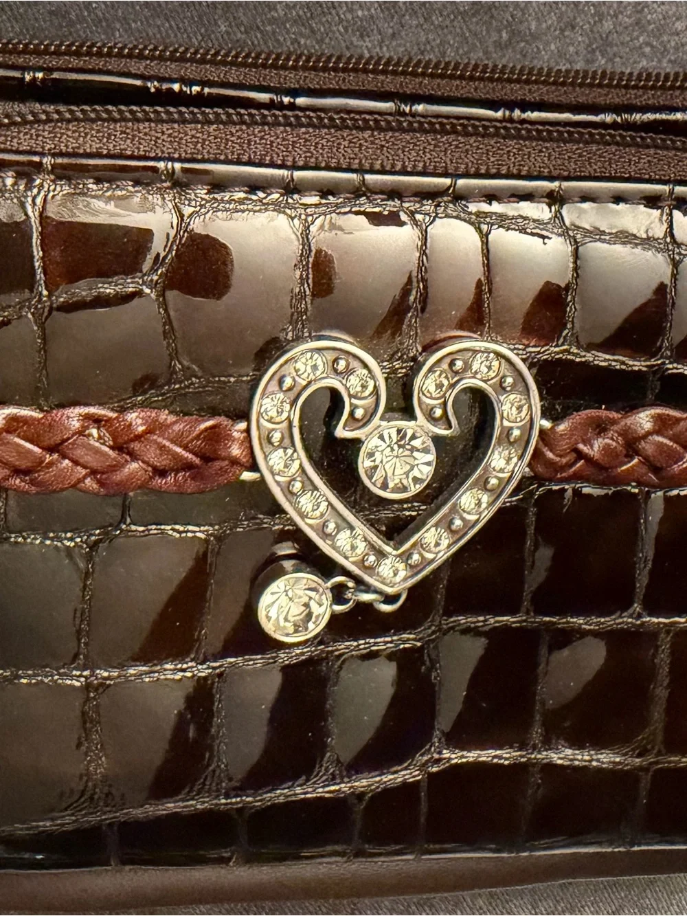 Braided Accent Patent Croc Wallet with Heart Charm - Brown